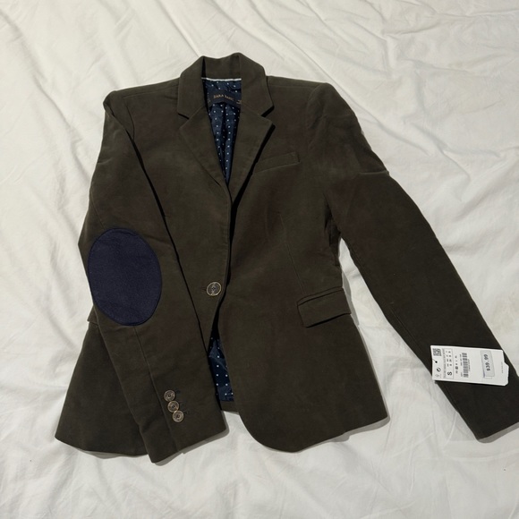 Zara olive velvet blazer with navy elbow patches - Picture 4 of 4